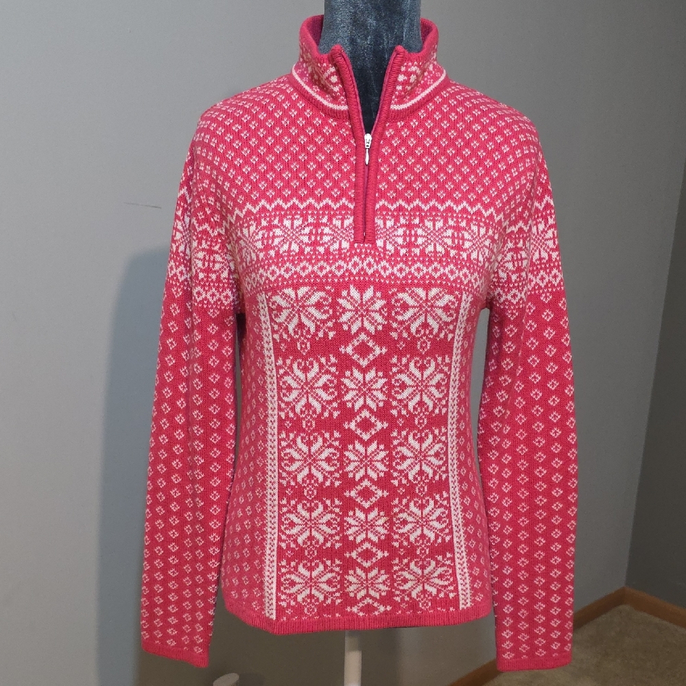 Coldwater Creek Coral Pink and White Knit Half-Zip Sweater